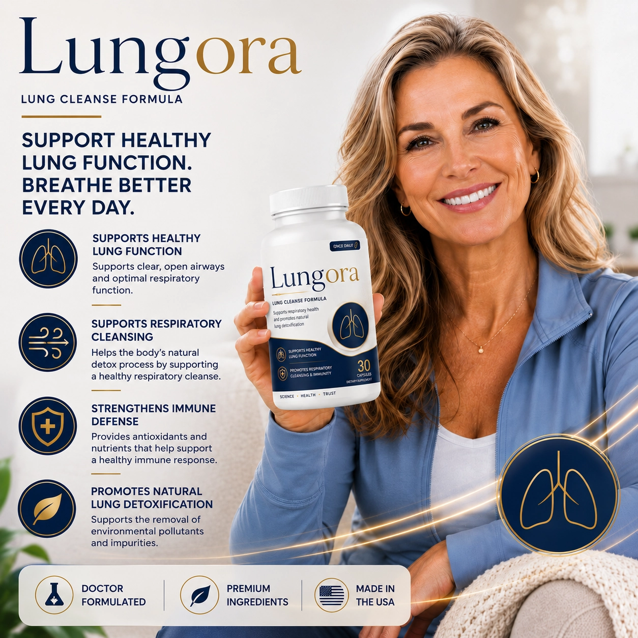 Woman holding the Lungora lung health formula